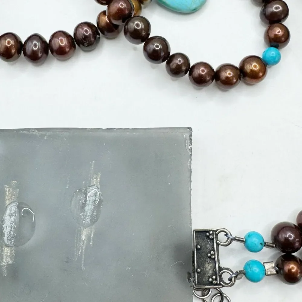 Turquoise Teardrop Bronze Pearl Double Strand Necklace Sterling Silver Bohemian